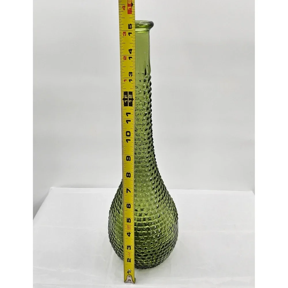 Vintage Mid Century Green Glass Genie Bottle Decanter Hobnail 15.5